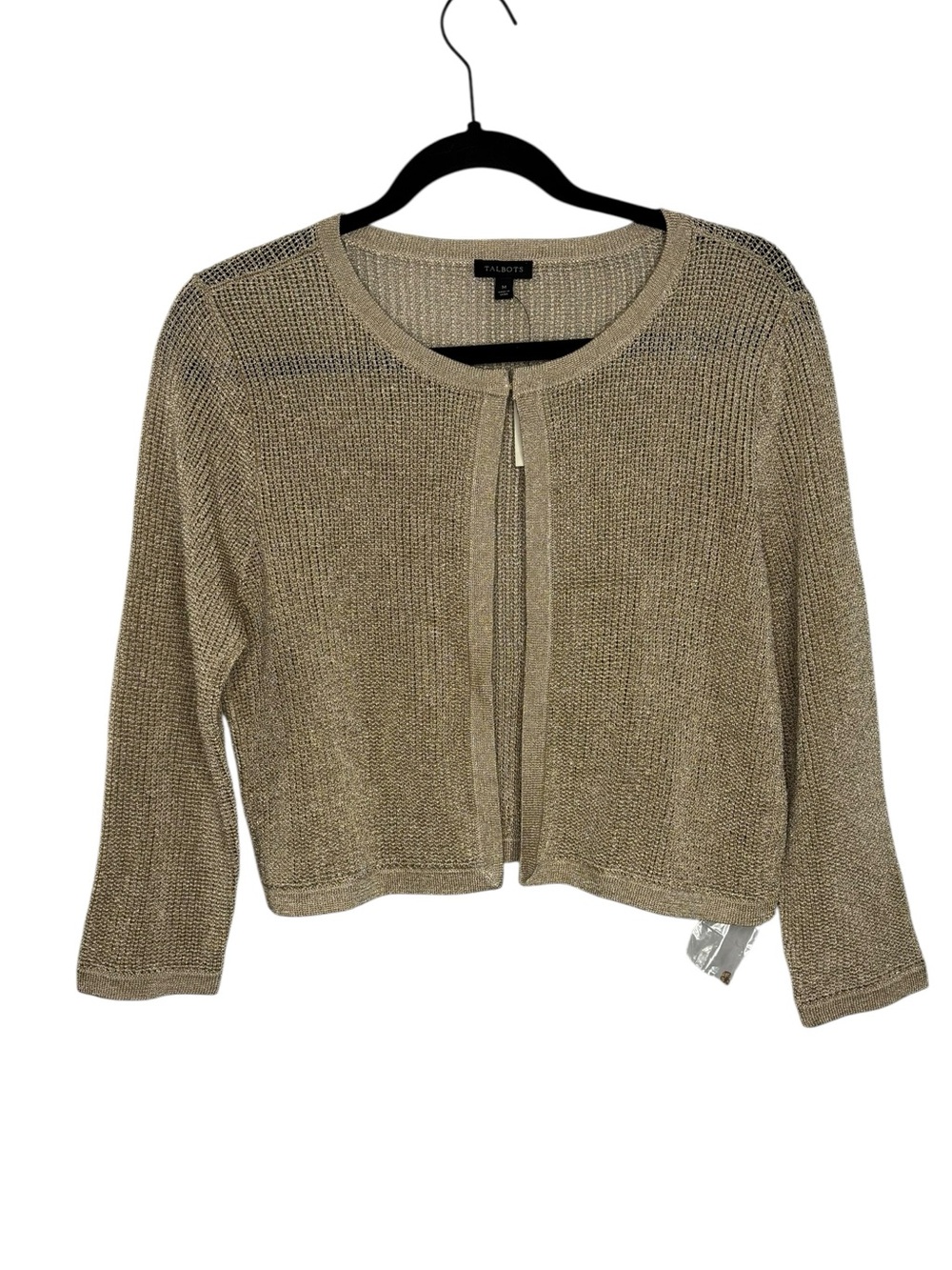 New Talbots Metallic Gold Crocheted Cropped Cardigan Size Medium Lightweight